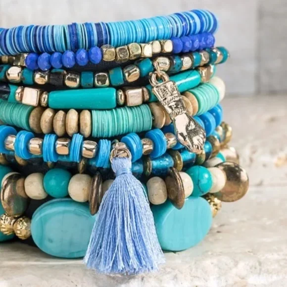 SOLD OUT Multi Layer Turquoise Charm Beaded Wood Metal Gold Bead Stretch - Picture 2 of 7